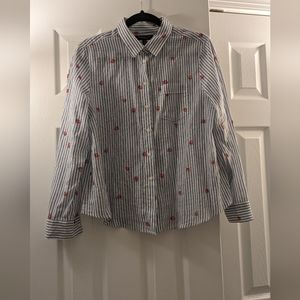 NWT Banana Republic Linen Cotton Shirt Blue Stripe Strawberry Size MP